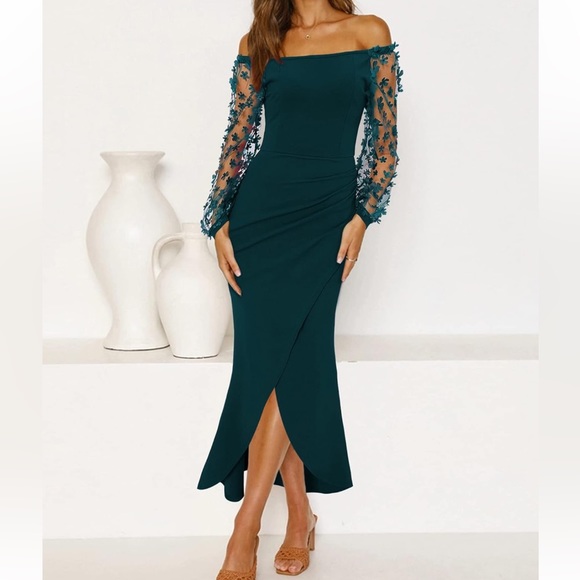 BTFBM Dresses & Skirts - Women Elegant Off Shoulder Dress Sheer Long  Wrap Split Bodycon Maxi NWT sz MED